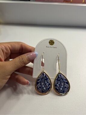 True to Form Navy Paisley Teardrop Earrings with Gold Trim